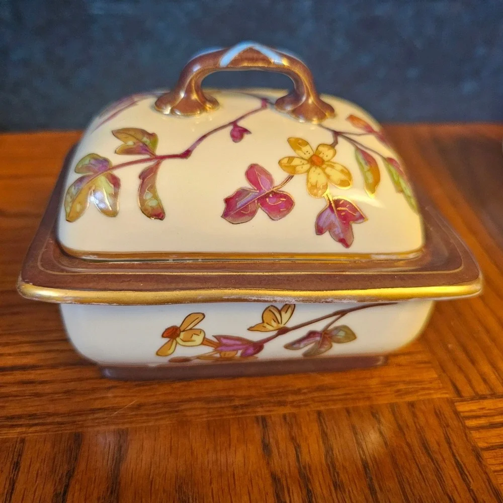 Floral Ceramic Vanity Set Trinket Box and Soap Dish Gold Trim Botanical Decor